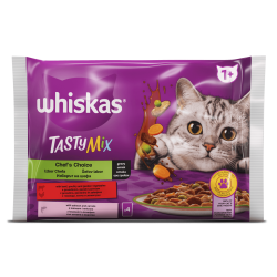Whiskas Tasty Mix пауч 4х85 - С говеждо, птиче и зеленчуци; със сьомга и моркови
