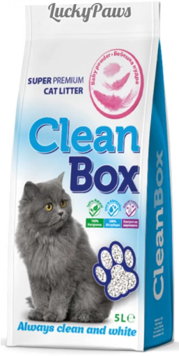 CLEAN BOX Super Premium бебешка пудра, постелка за котешка тоалетна, фин бял бентонит