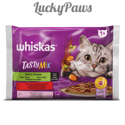 Whiskas Tasty Mix пауч 4х85 - С говеждо, птиче и зеленчуци; със сьомга и моркови