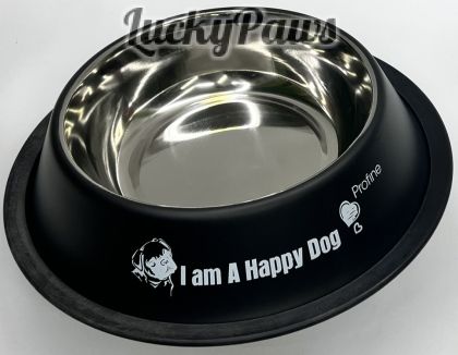 Цветна метална купа с гума против хлъзгане "I am A Happy Dog" черна