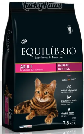 Equilibrio Adult Cat Hairball - Пълноценна храна за израснали котки спомагаща естествено отделяне на космените топки 7.5 кг