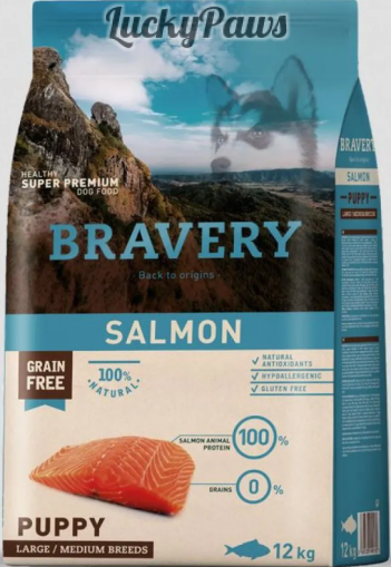 Bravery Salmon Medium & Large Breeds Puppy - Пълноценна храна за подрастващи кученца от средни и едри породи със сьомга
