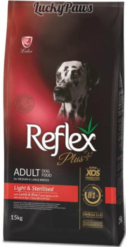 Reflex Plus Adult Dog Medium & Large Breeds Light & Sterilised - Пълноценна нискокалорична храна за кастрирани кучета от средни и едри породи с агнешко и ориз 15 кг