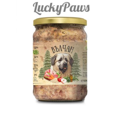 Вълчан - храна за кучета с пилешко, свинско и зеленчуци в буркан