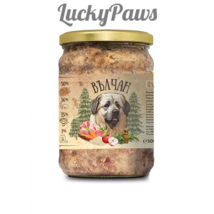 Вълчан - храна за кучета с пуешко, свинско и зеленчуци в буркан