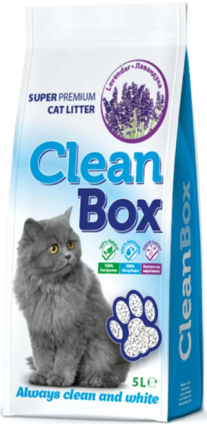 CLEAN BOX Super Premium лавандула, постелка за котешка тоалетна, фин бял бентонит