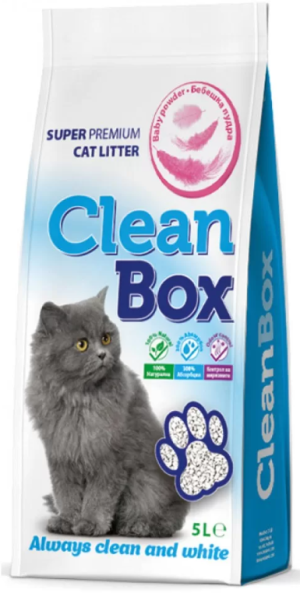 CLEAN BOX Super Premium бебешка пудра, постелка за котешка тоалетна, фин бял бентонит