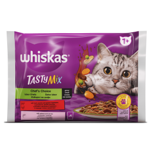 Whiskas Tasty Mix пауч 4х85 - С говеждо, птиче и зеленчуци; със сьомга и моркови
