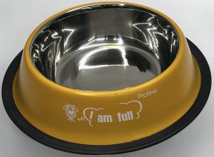 Цветна метална купа с гума против хлъзгане "I'm full" жълта