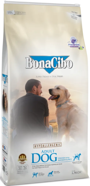 BonaCibo Chicken, Anchovy & Rice Adult  - Пълноценна храна за израснали кучета с пилешко,аншоа и ориз 15 кг