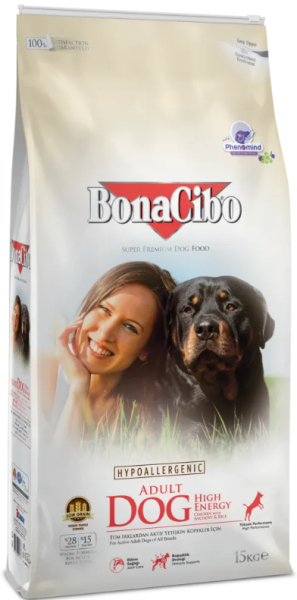 BonaCibo Chicken, Anchovy & Rice High Energy Adult  - Пълноценна храна за израснали активни кучета с пилешко,аншоа и ориз 15 кг
