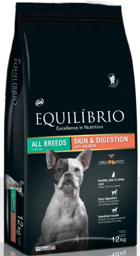 Equilibrio Adult Dog Skin and Digestion With Salmon All Breeds - Пълноценна храна за израснали кучета със сьомга за сияйна кожа и добро храносмилане 12 кг