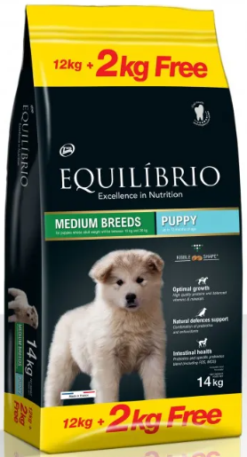 Equilibrio Puppy Medium Breeds - Пълноценна храна за подрастващи кученца от средни породи 12 + 2 кг