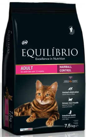 Equilibrio Adult Cat Hairball - Пълноценна храна за израснали котки спомагаща естествено отделяне на космените топки 7.5 кг