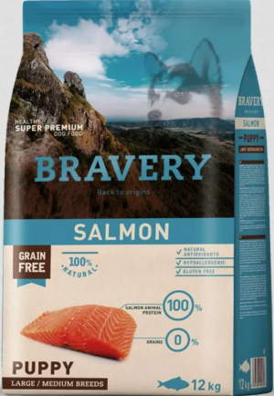 Bravery Salmon Medium & Large Breeds Puppy - Пълноценна храна за подрастващи кученца от средни и едри породи със сьомга