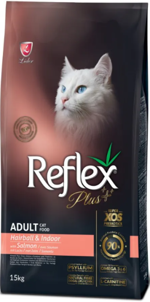 Reflex Plus Hairball & Indoor Adult Cat Food Salmon - Пълноценна храна за израснали дългокосмести котки със сьомга