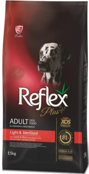 Reflex Plus Adult Dog Medium & Large Breeds Light & Sterilised - Пълноценна нискокалорична храна за кастрирани кучета от средни и едри породи с агнешко и ориз 15 кг