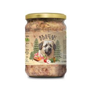 Вълчан - храна за кучета с пилешко, свинско и зеленчуци в буркан